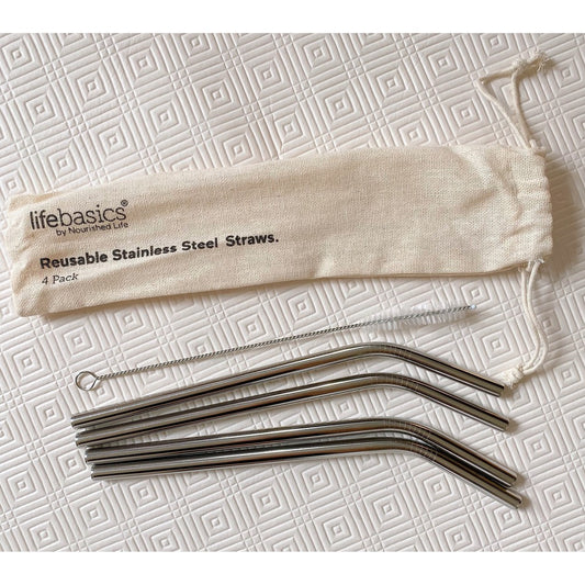 Life Basics Stainless Steel Straws - 4 Pack Plus Cleaning Brush