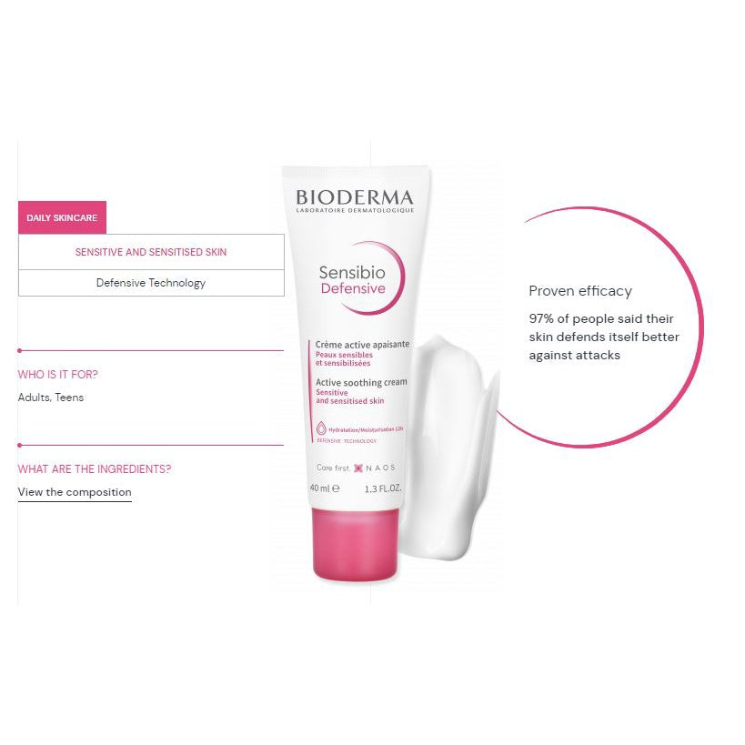 BIODERMA Sensibio Defensive Active Soothing Cream Face Moisturizer Sensitive Skin 40 mL
