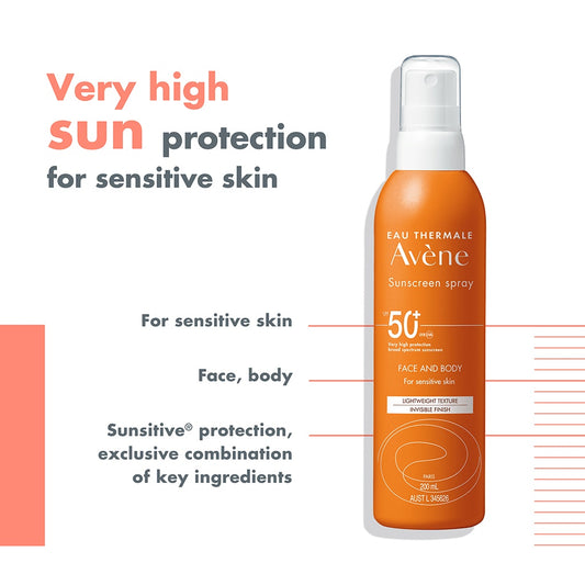 AVENE Sunscreen Spray SPF 50+ 200 mL Face Body Sun Protection