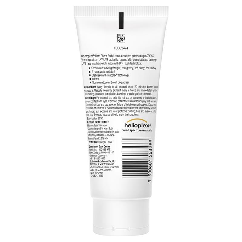 Neutrogena Ultra Sheer Body Lotion Sunscreen SPF 50 Water Resistant & Non-Greasy Lightweight 85ml