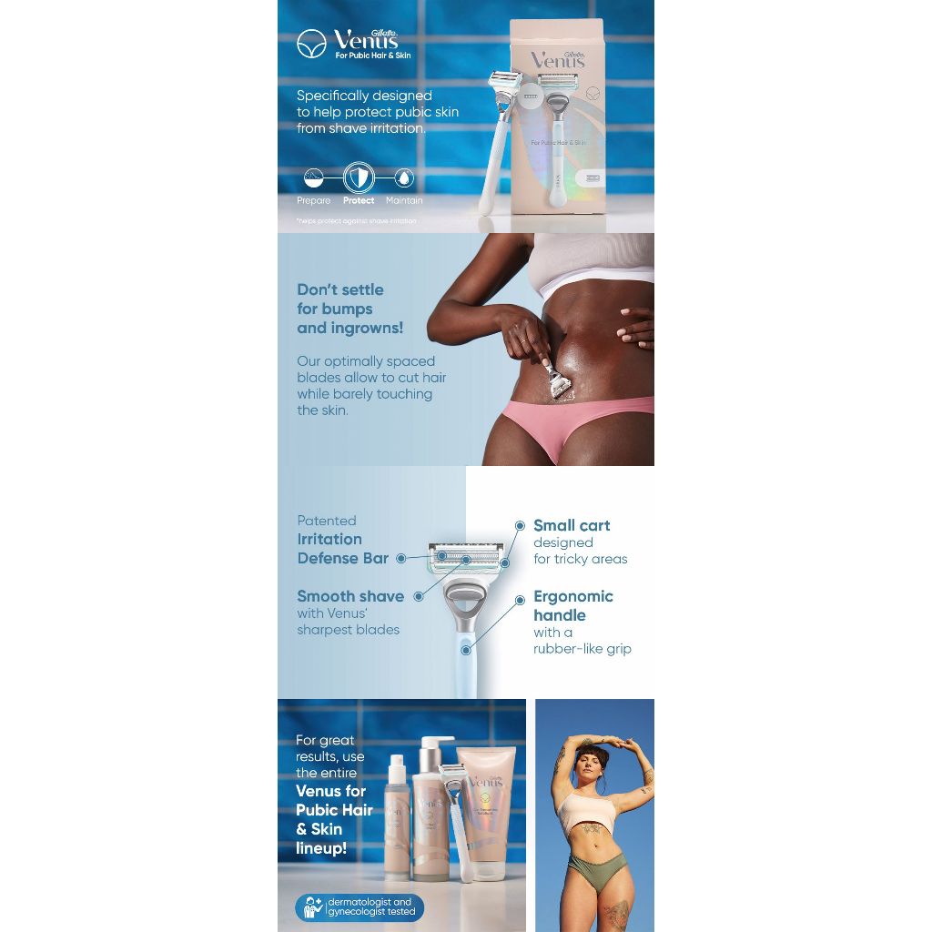 Gillette Venus Women's Bikini Razor Shaver For Pubic Hair & Skin with 2 Blade Refills