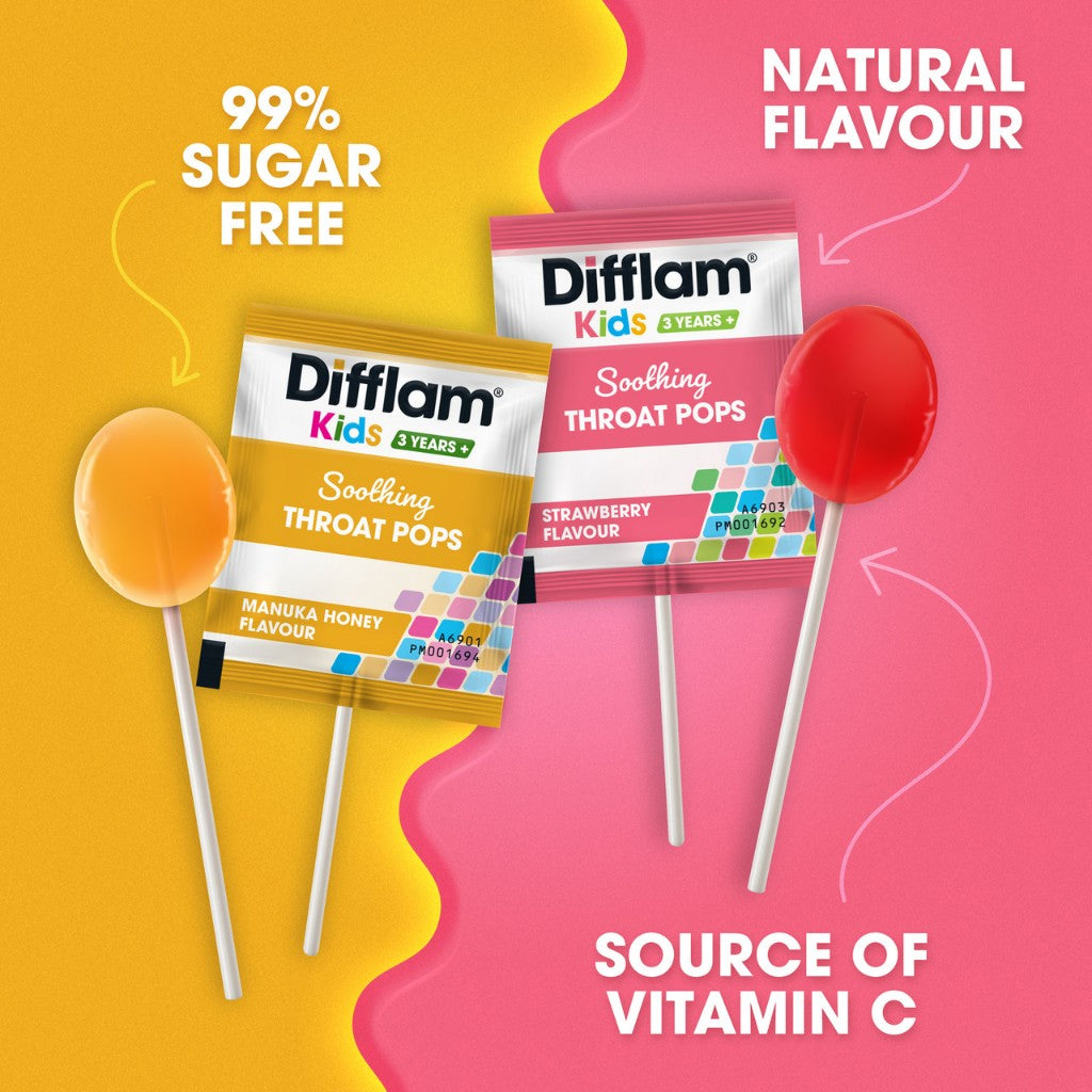 Difflam Kids Soothing Sore Throat Lollipops Lozenges Manuka Honey or Strawberry Flavor 10 pack