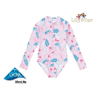 ALDI Lily & Dan Girls Long Sleeve One Piece Rashsuit Swimwear Sizes 3-12 years