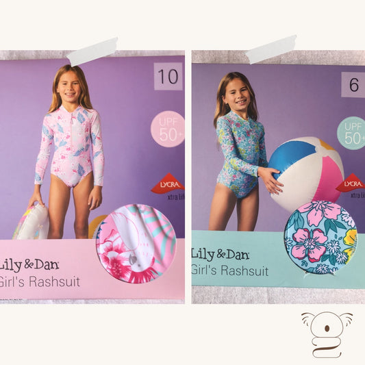 ALDI Lily & Dan Girls Long Sleeve One Piece Rashsuit Swimwear Sizes 3-12 years