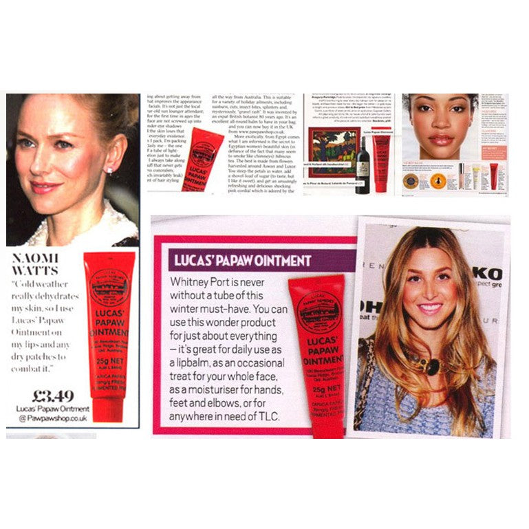 Advertisement for Lucas Papaw Ointment with images of people and product packaging.