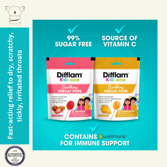 Difflam Kids Soothing Sore Throat Lollipops Lozenges Manuka Honey or Strawberry Flavor 10 pack