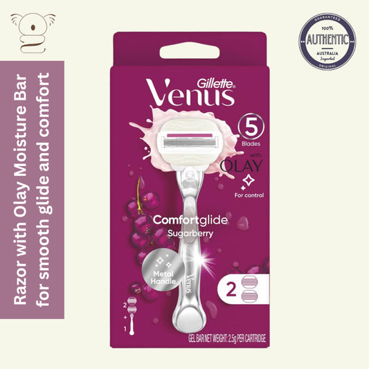 Gillette Venus Women's Hair Razor Shaver Comfort Glide Sugarberry Platinum with 2 Blade Refills
