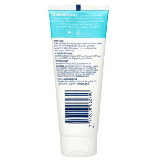 Le Tan Sensitive Face Sunscreen SPF50 UVA UVB Broad Spectrum Oil Free Lightweight Matte