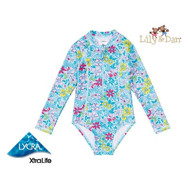 ALDI Lily & Dan Girls Long Sleeve One Piece Rashsuit Swimwear Sizes 3-12 years